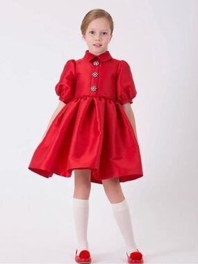 Mama Luma girls red satin dress features distinctive rhinestone buttons Size:5/6